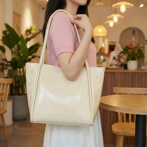 Chic cream glossy patent leather tote bag for women, large capacity shoulder handbag style