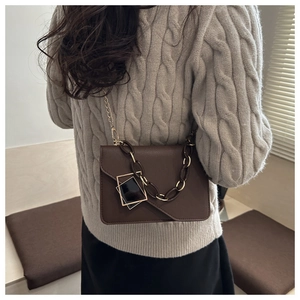 Detail of dark brown crossbody bag featuring golden buckle and chunky resin chain strap