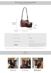 Detailed size chart and specifications for vintage large capacity PU leather bucket bag set