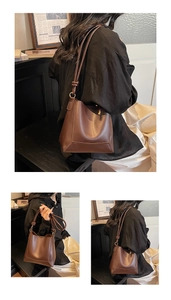 Multiple views of a vintage brown leather bucket bag with gold hardware in an elegant setting