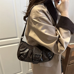 Retro dark brown leather underarm bag with pleated design and metallic buckle detail