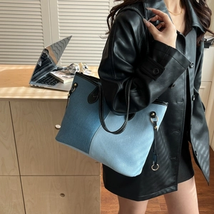 Minimalist patchwork denim tote bag with leather straps for women's casual fashion