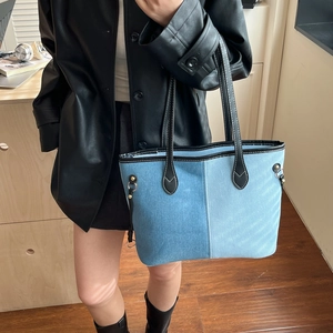 Korean style patchwork denim tote bag with leather straps and gold metal hardware