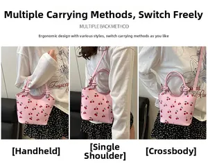Detail van roze kersentas met weergave van handtas, schoudertas en crossbody stijlen