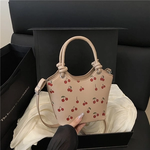 Cherry Print Bucket Bag Women PU Leather Knotted Handle Crossbody Shoulder Handbag Sweet Fashion