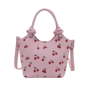 Pink cherry print tote bag with decorative knot handle and crossbody strap for girls