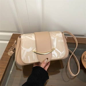 Women PU Leather Crossbody Shoulder Bag Minimalist Gold Arc Metal Buckle Underarm Bag Vintage Letter Print Flap Handbag