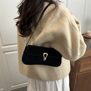 Retro Baguette Bag Faux Suede PU Leather Single Shoulder Underarm Handbag Metal Buckle Minimalist Fashion For Women