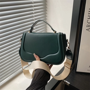 Fashion Women PU Leather Wave Edge Crossbody Bag Wide Webbing Strap Small Square Handbag Minimalist Flap Shoulder Bag For Daily
