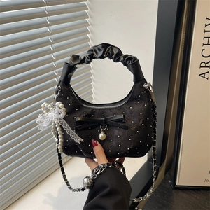 Borsa a tracolla nera con fiocchi, perle e dettagli in pizzo stile coreano