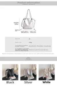 Infographic showing solid color PU bucket bag dimensions and weights in three colors