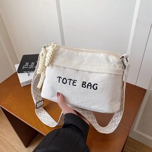 Women Corduroy Crossbody Bag Letter Embroidery Tote Casual Style Wide Geometric Pattern Strap Zipper Multi Compartment
