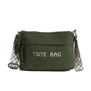 Large dark green corduroy tote bag with TOTE BAG embroidery and chic patterned strap