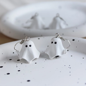 Ghost drop earrings for Halloween with white matte finish and silver metal hooks