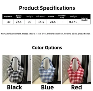 Tableau des tailles détaillé pour cabas léger à carreaux avec dimensions et options de couleur