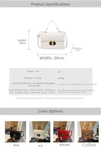 Detailed size and dimension chart for the quilted crossbody bag showing 20x14x7cm measurements