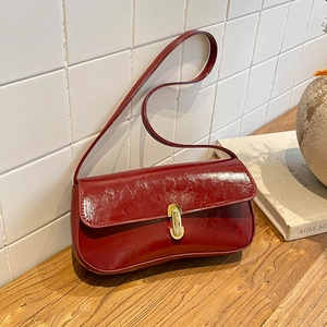 Retro Shiny PU Leather Baguette Underarm Bag For Women Fashion Small Square Shoulder Handbag With Golden Metal Lock Lock