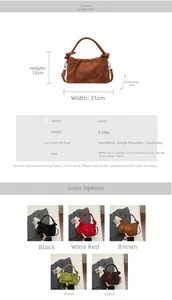 Detail showing dimensions and five colors of the faux suede pleated dumpling handbag