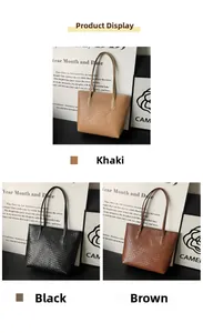 Close-up of woven texture and detail on khaki, black and brown tote shoulder bags