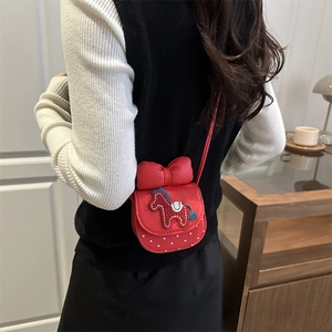 Sacoche rouge pour filles avec grand nœud, broderie cheval et pois blancs mignons