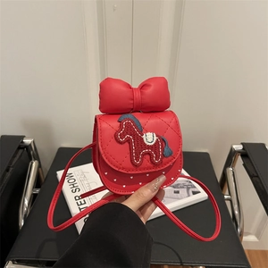 Sac À Bandoulière Pour Enfants Mini Sac À Main Rouge Cuir PU Grand Nœud Broderie Cheval Pois Mignon Pour Filles