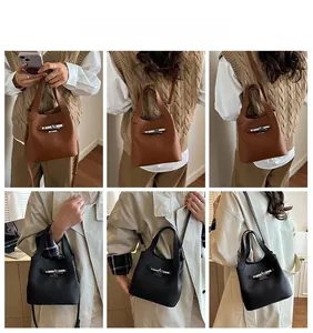 Collage of leather bucket bags in black and brown with metal buckles and shoulder straps