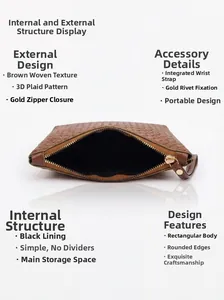 Detail of brown woven clutch bag featuring gold zipper closure and black interior lining