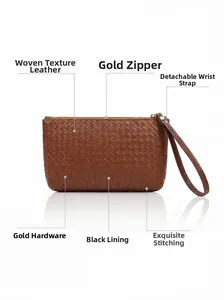 Detailed view of woven leather texture with gold zipper and detachable wrist strap