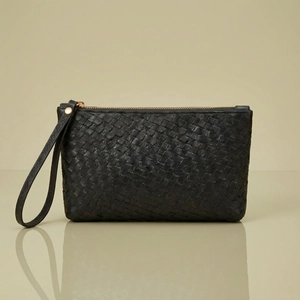 Elegant black woven leather long wallet with gold zipper and convenient wrist strap