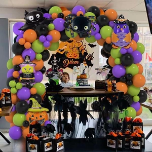 Halloween balloon arch kit with purple orange green latex balloons and foil spiders