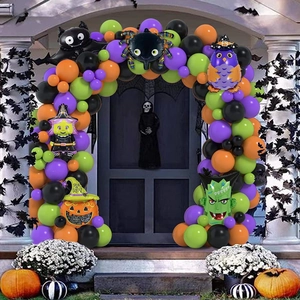 Halloween balloon arch kit with orange purple latex balloons and pumpkin foil accents