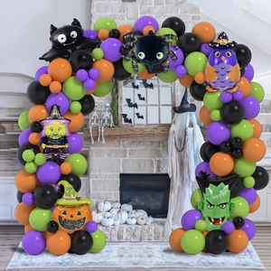 Halloween balloon arch kit with purple orange black latex and festive foil bat spider shapes