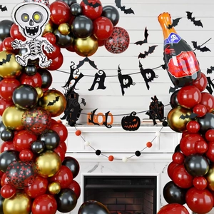 Halloween balloon garland kit with skull, champagne bottle balloons and black BOO banner