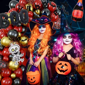 Halloween balloon arch kit with BOO letter balloons and spooky party backdrop decorations