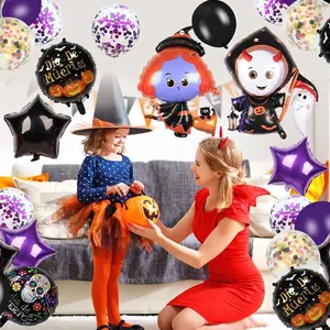 Halloween and Dia De Muertos balloon set with witch, skeleton skull, and foil stars