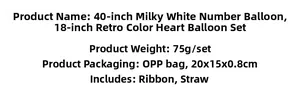 Detail set of cream 40-inch number and heart balloons with ribbon and straw