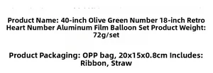 Spécifications des ballons chiffres vert olive avec détails de taille et de poids