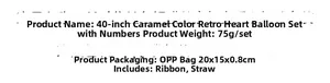 Specifications of 40-inch caramel foil number balloon set including straw and ribbon