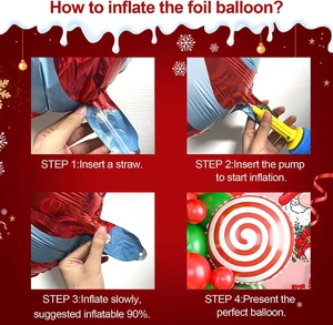 Macro guide showing how to inflate Christmas candy foil balloons with 90 percent air