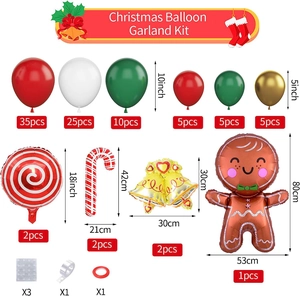 Detailed Christmas balloon arch kit with gingerbread man and candy cane foil balloons