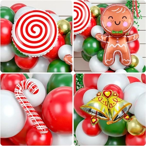 Detail of Christmas balloon arch kit with gingerbread man and bell foil balloons