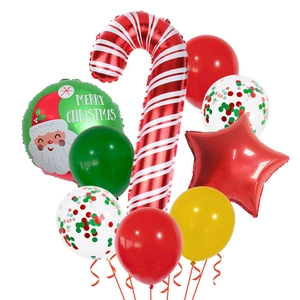 Close-up of Christmas balloon set with candy cane, star, and Merry Christmas print