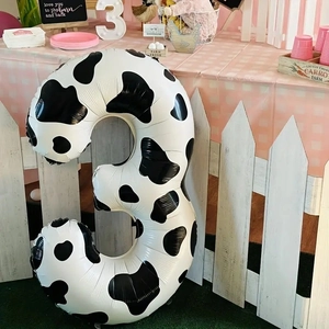40-inch cow print number 3 foil balloon with farm animal pattern for 3rd birthday party
