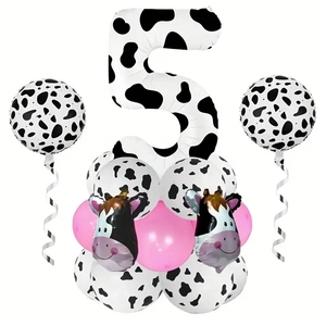 Detail of 5th birthday balloon set with cow print number and cute farm theme decorations