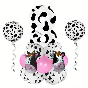 Detail of cow print party balloons set featuring large number 8 and cow head foil designs
