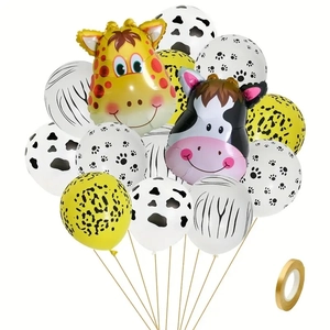 Detail view of animal theme balloon set with giraffe and cow foil balloons and ribbons