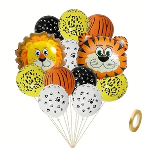 Jungle animal balloon kit featuring lion tiger foil heads and printed latex party decorations