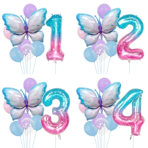 Butterfly Number Foil Balloon And Latex Balloons Gradient Macaron Color Starry Sky Birthday Baby Shower Party Decoration