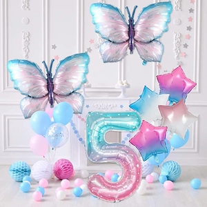 Starry butterfly number 5 balloon set with gradient star foil and latex party decor
