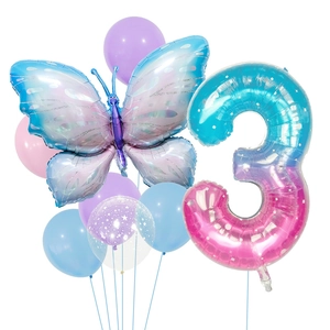 Starry gradient butterfly balloon set with large number 3 for birthday party decor